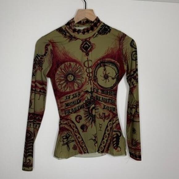 Marine Serre Green Geotic Tattoo Turtleneck Longsleeve Top Womens Medium - Picture 2 of 12